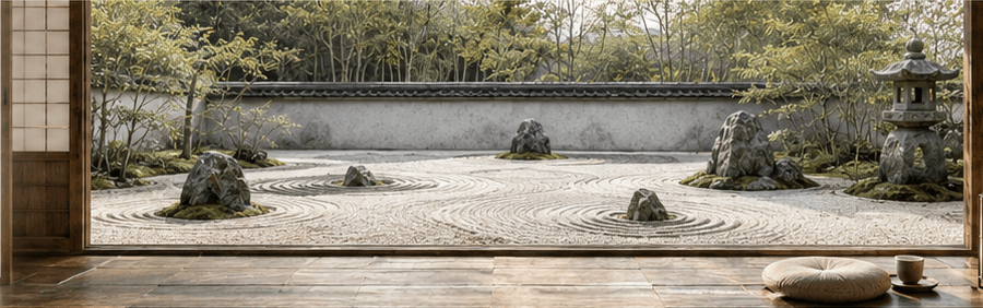 A raked gravel zen garden with concentric rings around mossy rocks